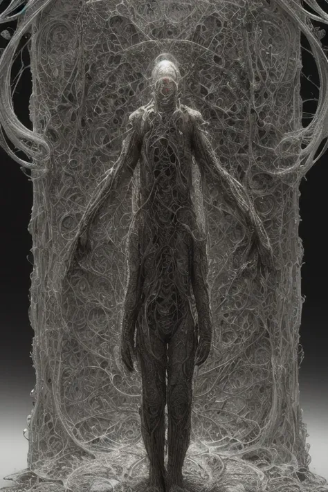 a futuristic space pilgrim praying, full body, religious scene, organic surroundings, intricate, detailed, RFKTR_bontrex