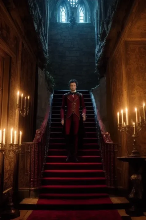 8k, highest quality, masterpiece, sharp focus, You find yourself in the heart of a remote Victorian castle, rumored to be home to a powerful vampire lord. The castle is a labyrinth of twisting staircases, dark hallways, and secret passages, and you feel as though you're being watched from every shadow. As you explore the castle, you come across evidence of the vampire's existence - empty wine glasses, broken mirrors, and a trail of blood. Suddenly, you're confronted by the vampire himself, and he's not pleased with your intrusion. You must use your wit and cunning to escape the castle and avoid becoming the vampire's next victim. But be warned, the castle is filled with traps and surprises, and the vampire is not easily defeated. Will you be able to outsmart the lord of the castle and survive the night?