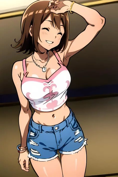 (ElieRM), girl,masterpiece, high quality,large breast, <lora:ElieRM:1>,solo,  smile, brown hair, closed eyes, jewelry, day, atlhetic slim body, sexy body, blue shorts jeans, belly, neckline, highlighted contours,  anmnr, <lora:anmnr01AOM3A1:0.72>