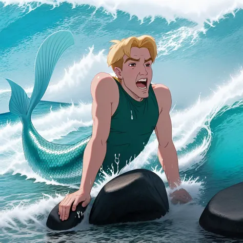 <lora:Cale-V2_HH-000020:0.8> c6l3,(disney style drawing),1boy, man looking at viewer<lora:DisneyRenV2:-0.00>
disneyrenaissance style, blonde hair, (mermaid), lying on rock, screaming, silly expression, on belly, splashing water, wave, fishtail
ocean, shore