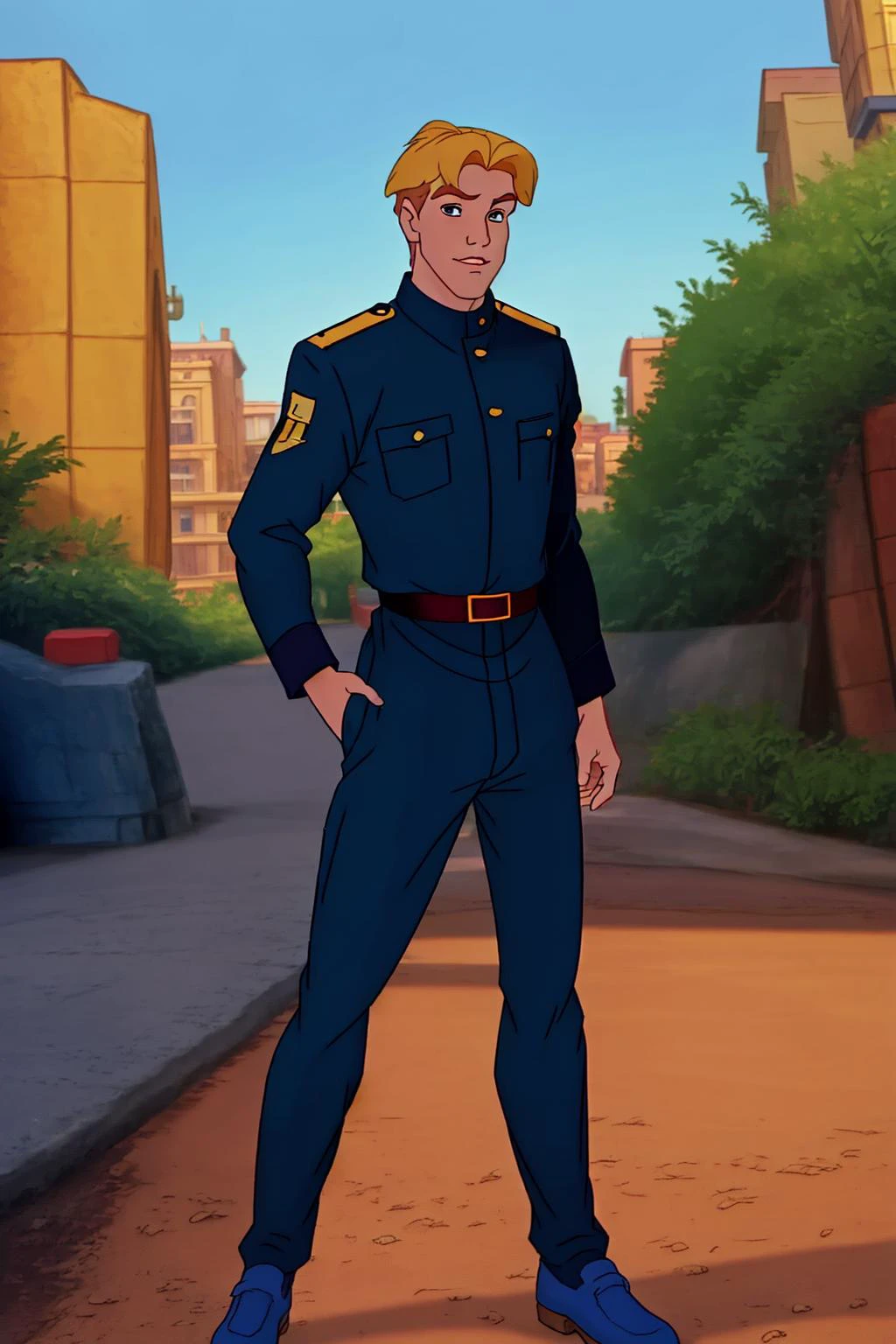 <lora:Cale-V2_HH-000020:0.8> c6l3,(disney style drawing),1boy, man,brown hair, looking at viewer<lora:DisneyRenV2:-0.00>
disneyrenaissance style, blonde hair, masterpiece, (detailed, realistic),blue police uniform, full body shot
location: new york street