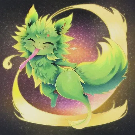 (Slugcat, <lora:SaintRainWorld:0.8>, SaintRainWorld, Sain, green_fur, fluff, long tongue, tongue sticking out, eyes closed, very fluffy, happy, lots of fur, slug, anthro anatomy, realistic proportions, human proportions, (full_body:1.6)), (Space, stars), Drifting through space, beautiful view, looking at viewer, natural light, masterpiece, high quality, illustration, vibrant colors, pleasant view, main focus on character, very close to viewer, soft colors, light reflecting fur, artwork