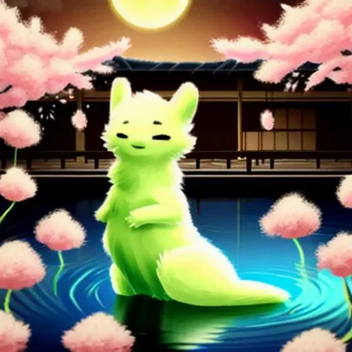 Fluffy, Slugcat, Happy, Looking at viewer, Artwork, Masterpiece, Good quality, hq, Full body, Feral, Quadrupled, Fur reflecting light, Soft lighting, SaintRainWorld, <lora:SaintRainWorld-V0.3:1>, Medieval, Japan, Sakura, Pond, Japenese culture, Beautiful view, Prehistorical japanese architecture, Sunny day, Soft colors, Pleasant, Vibrant, Relaxed, Looking in the distance