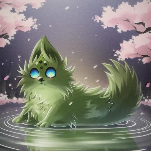 Fluffy, Slugcat, Happy, Looking at viewer, Artwork, Masterpiece, Good quality, hq, Full body, Feral, Quadrupled, Fur reflecting light, Soft lighting, SaintRainWorld, <lora:SaintRainWorld-V0.3:1>, Medieval, Japan, Sakura, Pond, Japanese culture, Beautiful view, Prehistorical japanese architecture, Sunny day, Soft colors, Pleasant, Vibrant, Relaxed, Looking in the distance