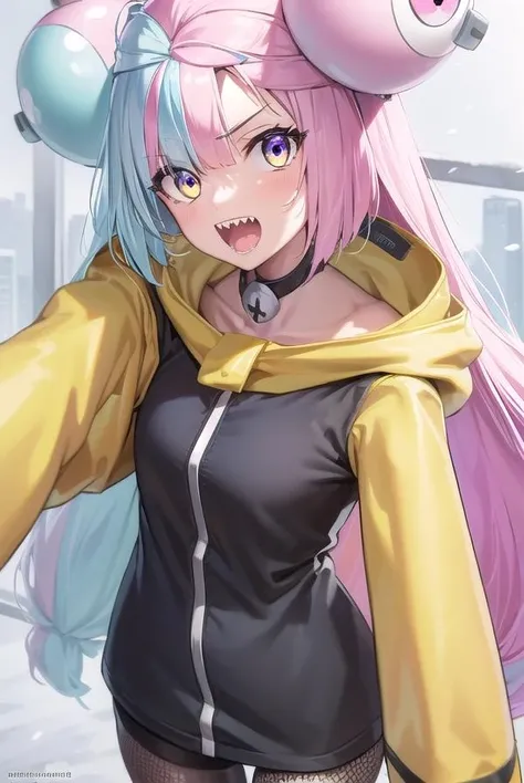 pokemoniono, <lora:pokemon iono-lora-nochekaiser:1>,
pokemon iono, blue hair, bow-shaped hair, character hair ornament, hair ornament, long hair, low-tied long hair, multicolored hair, pink hair, sharp teeth, split-color hair, twintails, two-tone hair, (pink eyes:1.5), <lora:talkmouth_A_v100:1>, open mouth,
BREAK asymmetrical legwear, bell, bow-shaped hair, character hair ornament, hexagon print, oversized clothes, pantyhose, single leg pantyhose, split-color hair, jacket, (yellow jacket:1.5),
BREAK looking at viewer, upper body, full body, (cowboy shot:1.5),
BREAK outdoors, nature, sky,
BREAK <lyco:GoodHands-beta2:1>, (masterpiece:1.2), best quality, high resolution, unity 8k wallpaper, (illustration:0.8), (beautiful detailed eyes:1.6), extremely detailed face, perfect lighting, extremely detailed CG, (perfect hands, perfect anatomy),