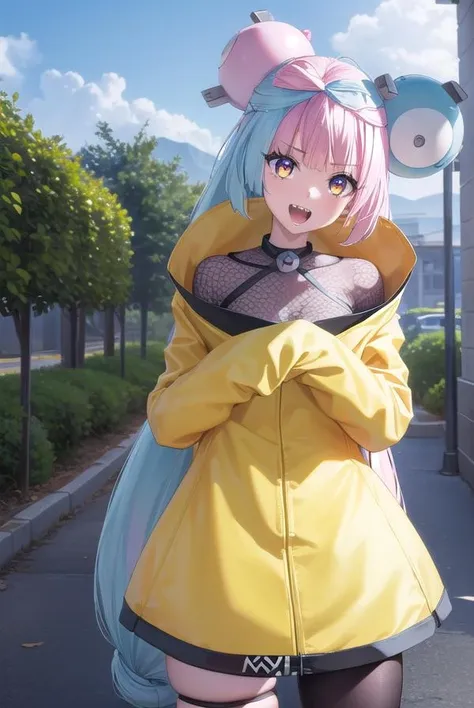 pokemoniono, <lora:pokemon iono-lora-nochekaiser:1>,
pokemon iono, blue hair, bow-shaped hair, character hair ornament, hair ornament, long hair, low-tied long hair, multicolored hair, pink hair, sharp teeth, split-color hair, twintails, two-tone hair, (pink eyes:1.5), <lora:talkmouth_A_v100:1>, open mouth,
BREAK asymmetrical legwear, bell, bow-shaped hair, character hair ornament, hexagon print, oversized clothes, pantyhose, single leg pantyhose, split-color hair, jacket, (yellow jacket:1.5),
BREAK looking at viewer, upper body, full body, (cowboy shot:1.5),
BREAK outdoors, nature, sky,
BREAK <lyco:GoodHands-beta2:1>, (masterpiece:1.2), best quality, high resolution, unity 8k wallpaper, (illustration:0.8), (beautiful detailed eyes:1.6), extremely detailed face, perfect lighting, extremely detailed CG, (perfect hands, perfect anatomy),