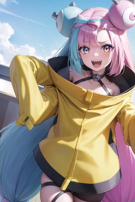 Highest quality、masterpiece、Anime Style、Big Breasts,Pink hair and blue eyes、Yellow Jacket、Please raise your right hand、Lower your left hand、Stand only on your right foot、Raise your left leg。Sharp teeth、smile、White Background,Nanjamo,No text