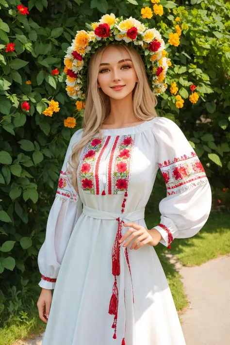4K, Masterpiece, highres, absurdres,natural volumetric lighting and best shadows,highly detailed face, highly detailed facial features, smiling, edgVyshivanka, a woman in a white dress and a flower crown ,wearing edgVyshivanka, edgVyshivanka_style_embroidery,floral embroidery, floral print<lora:edgVyshivanka:1>