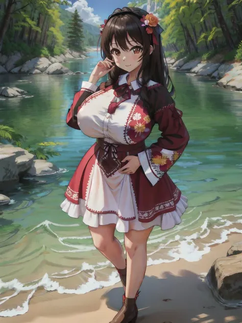 <lora:yunyun_v1:0.6>, yunyun, <lora:hyperfusion_213k_32dim-LoCon-epoc6-v5:1>, (huge hips:1.5), (huge breasts:1.2), highres:1.4, masterpiece:1.5, best quality:1.4, tall Yunyun, happy face, extremely detailed image:1.4, river beach, skinny (Yunyun wearing edgVyshivanka, <lora:edgVyshivanka:0.8>, edgVyshivanka_style_embroidery, loral embroidery, floral print),