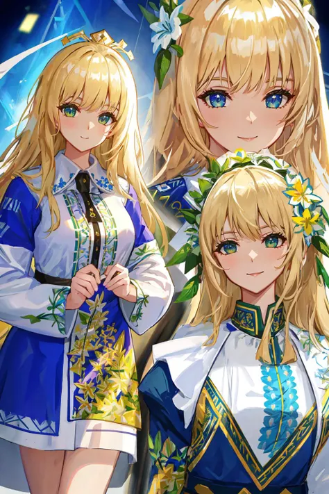 4K, Masterpiece, highres, absurdres,natural volumetric lighting and best shadows,highly detailed face, highly detailed facial features, smiling, edgVyshivanka, blonde woman in a white,blue,yellow,green,pruple,black dress and a flower crown ,wearing edgVyshivanka, edgVyshivanka_style_embroidery,floral embroidery, floral print<lora:edgVyshivanka:0.95>