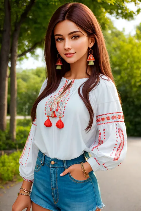 4K, Masterpiece, highres, absurdres,natural volumetric lighting and best shadows,highly detailed face, highly detailed facial features, smiling, edgVyshivanka style embroidery, wearing edgVyshivanka, adult woman, solo, long hair, looking at viewer, smile, brown hair, shirt, brown eyes, jewelry, standing, white shirt, cowboy shot, earrings, outdoors, shorts, day, blurry, bracelet, dark-skinned female, tree, lips, hand on hip, short shorts, blurry background, ring, denim, denim shorts, realistic, road, cutoffs, photo background, <lora:edgVyshivanka:1>