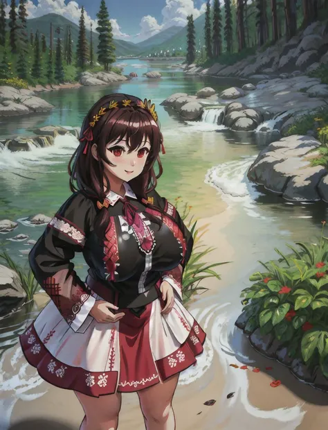 <lora:yunyun_v1:0.6>, yunyun, red eyes, <lora:hyperfusion_213k_32dim-LoCon-epoc6-v5:1>, (huge hips:1.5), (huge breasts:1.2), highres:1.4, masterpiece:1.5, best quality:1.4, tall Yunyun, happy face, extremely detailed image:1.4, river beach, skinny (Yunyun wearing edgVyshivanka, <lora:edgVyshivanka:0.95>, edgVyshivanka_style_embroidery, loral embroidery, floral print, floral crown),