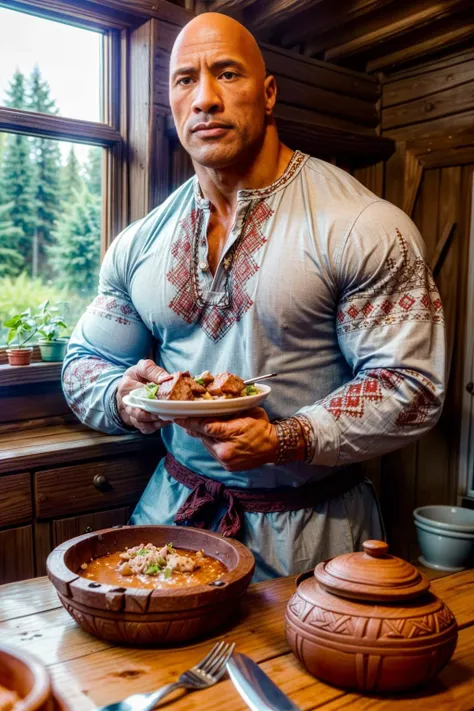 Photo of a very muscular bald Dwayne The Rock Johnson eating traditional food wearing edgVyshivanka, edgVyshivanka_style_embroidery, old traditional slavic interior with clay pots and wooden cutlery in the background, inside a cozy traditional hut, nature visible through the window, realistic, great quality, crazy detailed, <lora:add_detail:1>, <lora:epiCRealismHelper:1>, <lora:FoodPorn_v2_:1>, <lora:edgVyshivanka:1>