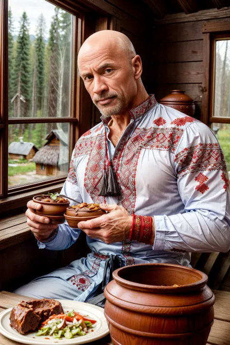 Photo of a very muscular bald man eating traditional food wearing edgVyshivanka, edgVyshivanka_style_embroidery, old traditional slavic interior with clay pots and wooden cutlery in the background, inside a cozy traditional hut, nature visible through the window, realistic, great quality, crazy detailed,  <lora:add_detail:1>,  <lora:epiCRealismHelper:1>,  <lora:FoodPorn_v2_:1>, <lora:edgVyshivanka:1>