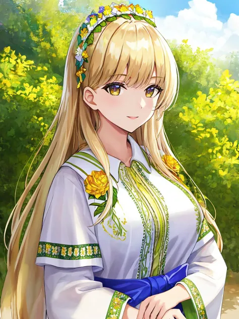 4K, Masterpiece, highres, absurdres,natural volumetric lighting and best shadows,highly detailed face, highly detailed facial features, smiling, edgVyshivanka, blonde woman in a white,blue,yellow,green,pruple,black dress and a flower crown ,wearing edgVyshivanka, edgVyshivanka_style_embroidery,floral embroidery, floral print<lora:edgVyshivanka:0.95>