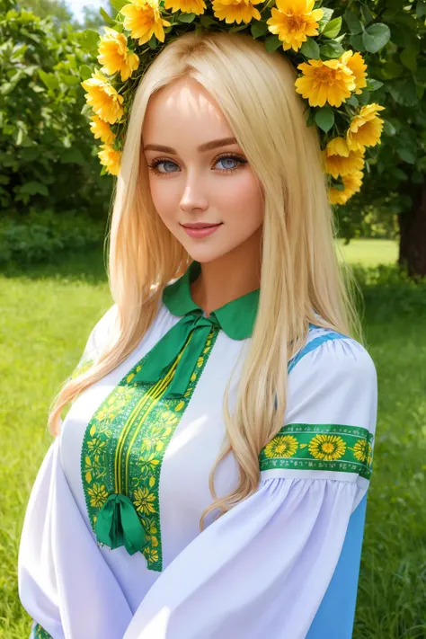 4K, Masterpiece, highres, absurdres,natural volumetric lighting and best shadows,highly detailed face, highly detailed facial features, smiling, edgVyshivanka, blonde woman in a white,blue,yellow,green,pruple,black dress and a flower crown ,wearing edgVyshivanka, edgVyshivanka_style_embroidery,floral embroidery, floral print<lora:edgVyshivanka:0.95>