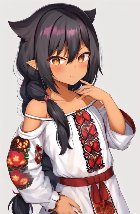 jahy, little girl, black hair, single braid, <lora:ch_jahy_REG_768_1.0e-4:0.9> edgVyshivanka,flower crown ,wearing edgVyshivanka, edgVyshivanka_style_embroidery,floral embroidery, floral print, red and white, <lora:edgVyshivanka:1>