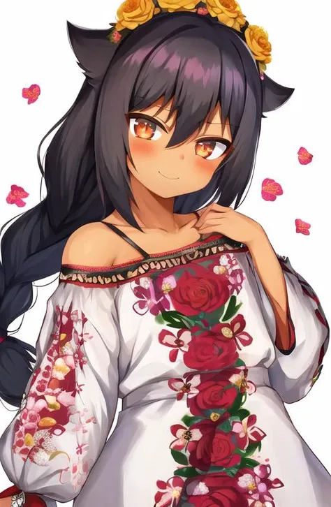 jahy,  girl, black hair, single braid, <lora:ch_jahy_REG_768_1.0e-4:0.9> edgVyshivanka,flower crown ,wearing edgVyshivanka, edgVyshivanka_style_embroidery,floral embroidery, floral print, red and white, <lora:edgVyshivanka:1>