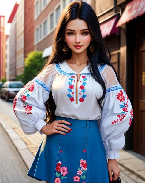 4K, Masterpiece, highres, absurdres,natural volumetric lighting and best shadows,highly detailed face, highly detailed facial features, smiling, edgVyshivanka style embroidery, wearing edgVyshivanka, 1girl, solo, long hair, skirt, shirt, black hair, long sleeves, brown eyes, jewelry, white shirt, earrings, nail polish, blurry, blue skirt, hand on hip, looking to the side, blurry background, floral print, pointing, red nails<lora:edgVyshivanka:0.7>