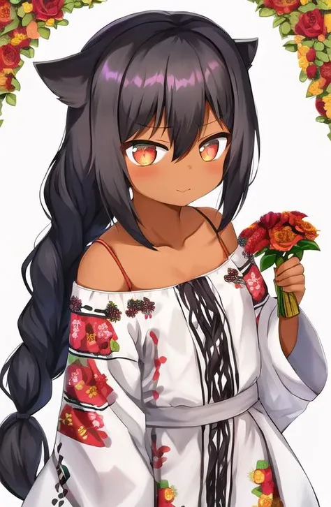 jahy, girl, black hair, single braid, <lora:ch_jahy_REG_768_1.0e-4:0.9> edgVyshivanka,flower crown ,wearing edgVyshivanka, edgVyshivanka_style_embroidery,floral embroidery, floral print, red and white, <lora:edgVyshivanka:1>