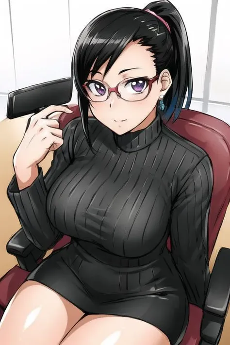 masterpiece, best quality, detailed face, detailed eyes,   <lora:HULisa:0.5>, HULisa, black hair, ponytail, glasses, semi-rimless eyewear, ribbed sweater, office, desk, computer, sitting, office lady, office chair, miniskirt, (style-fumio:0.8)