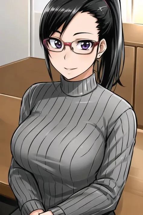masterpiece, best quality, detailed face, detailed eyes,   <lora:HULisa:0.5>, HULisa, black hair, glasses, ribbed sweater, turtleneck, smile, nervous, indoors, office, school, mature female, 1girl, ponytail,
