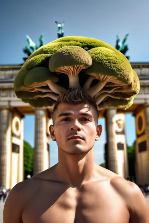 wide image, (photorealistic:1.2), (RAW:2), 4K, HDR,  A Man with a Mushroom face and bonsai trees hair growing out of his head, stand in Front of Brandenburger Tor, enjoying the sun, dark, gotham style, dramatic, gorgeous, good anatomy, good proportions, award winning, masterpiece, volumetric lighting, deep of field, bokeh