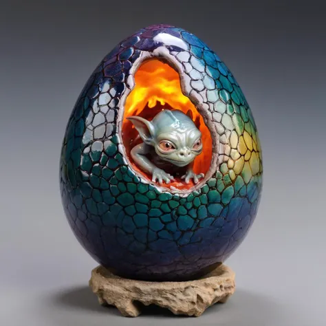 exquisite raku fired colourful tenmoku glazed dragon egg giving birth to baby Gollum on plain background