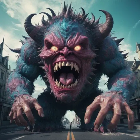 breathtaking cinematic glitchy photo, surreal dreamworld, angry monster attacking the viewer, digital distortion, highly detailed, award-winning