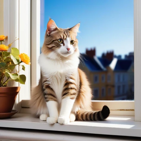 cat sitting on windowsill, high quality, masterpiece