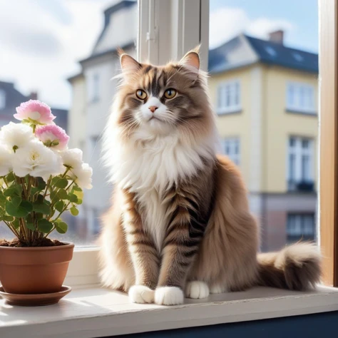 fluffy cat sitting on windowsill, high quality, masterpiece