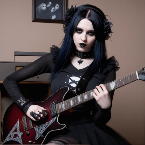 goth girl jamming on a guitar, high quality, masterpiece