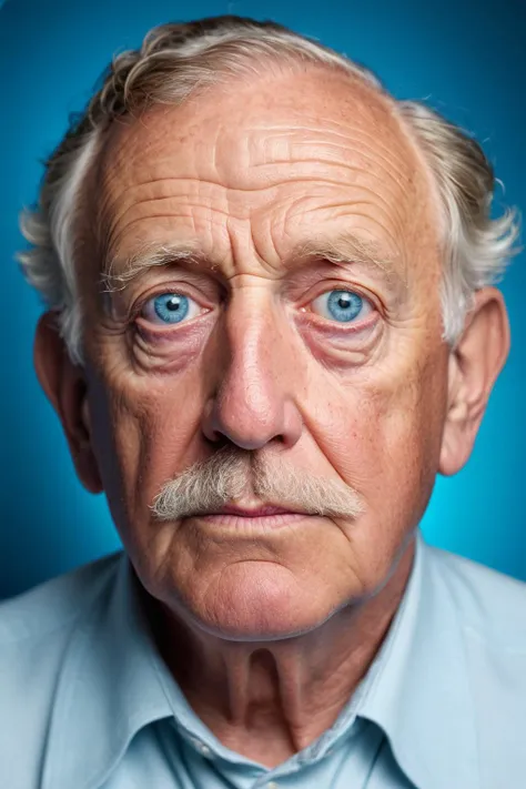 breathtaking detailed macro closeup portrait of an old male with a round face, twinkling light blue eyes, a button nose, and heart-shaped lips, framed by a chin-length, curly bob in bright blonde, whimsical expression, (freckles:0.8), tired eyes, award winning portrait, dramatic lighting, gradient background, glam fantasy