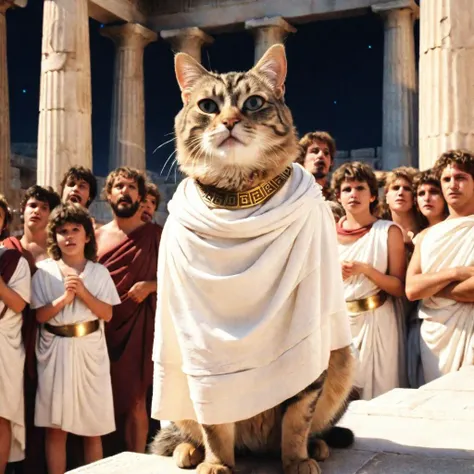 movie still of ancient greek (tabby cat philosopher(he is wearing a toga)) speaking before the Athenians, (the crowd is excited), 80s dark fantasy, (80smovie:2), (film grain:2), movie directed by Francis Ford Coppola