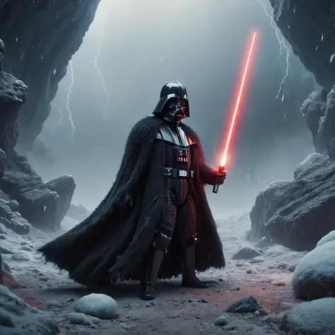 wide image,
(darth vader man) in a black fluffy clothes (ral-fluff style:1.5),
Standing looking down, red lightsaber in hand, (lightning in air:1.3),
standing in frost with glass rocks, explosion in background, fog,  
atmospheric, pretty, <lora:Darth Vader:1> <lora:ral-fluff:1>