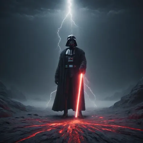 wide image,
(darth vader man) in a black fluffy clothes (ral-fluff style:1.5),
Standing looking down, red lightsaber in hand, (lightning in air:1.3),
huge dark hall cold frost, lava on floor, fog,  
atmospheric, pretty, <lora:Darth Vader:1> <lora:ral-fluff:1>