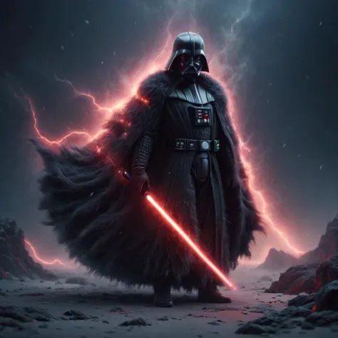 wide image,
(darth vader man) in a black fluffy clothes (ral-fluff style:1.5),
Standing looking down, red lightsaber in hand, (lightning in air:1.3),
huge dark hall cold frost, lava on floor, fog,  
atmospheric, pretty, <lora:Darth Vader:1> <lora:ral-fluff:1>