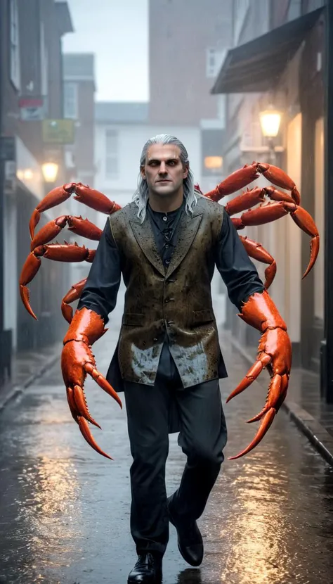 massive freak Geralt Of Rivia (dressed as crab) walking, street. bathed in soft, natural lighting cinematic quality, dramatic shadows, spooky atmosphere. exceptionally high level of detail and contrast, flawless overall composition, rain