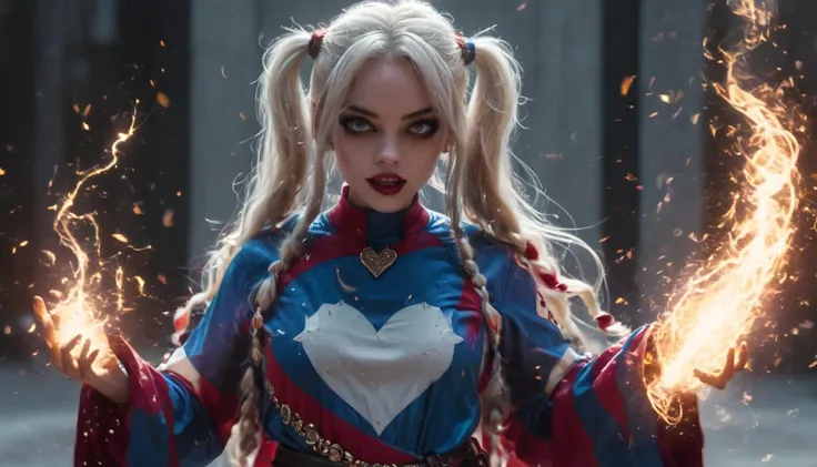 HKMagic, beautiful gorgeous harley quinn, wearing a t-shirt and high neck wizards robes, head back, (eyes shining and glowing:1.6), hair whipping back in wind, casting a giant magical spell