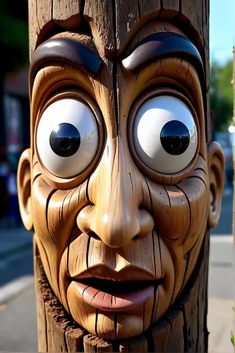 a close up of a wooden pole with a face on it, tortured face made of wood, street art 8 k, elevated street art, nose made of wood, telephone pole, eyes in the bark, insanely detailed face, intricate graffiti, grafitti art, street art:2 highly detailed, half wooden pinocchio, incredibly detailed face, detailed big eyes