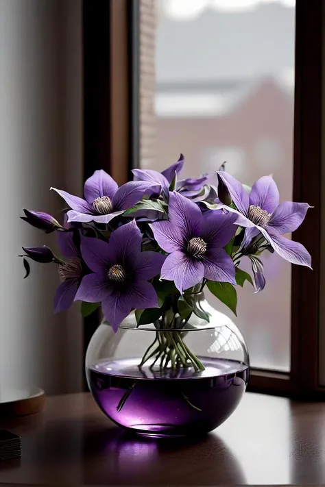 purple flowers in a vase on a table in front of a window, in a short round glass vase, dslr photo of a vase on a table, glass flowers, decorative flowers, vase with flowers, clematis design, purple flowers, flowers, i dream of a vase flowers, violet flowers, japanese flower arrangements, floral environment, purple accents, vase, stunning image