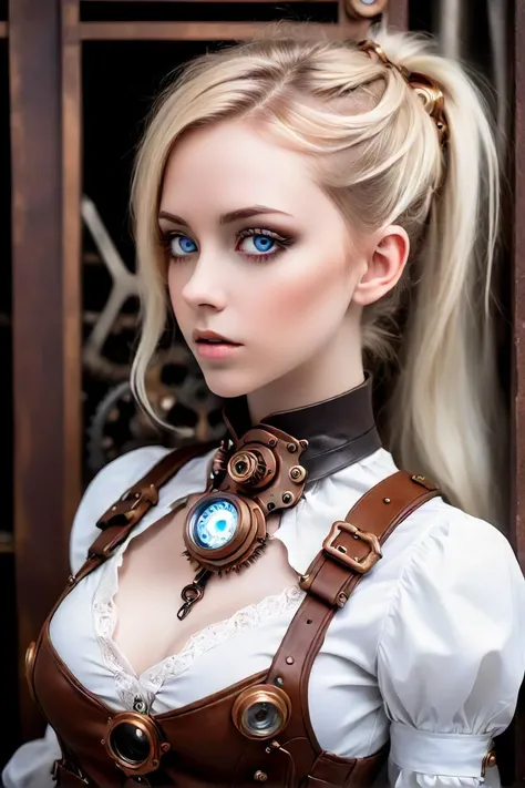 blond woman in a white dress with a brown collar and a brown leather choke, steampunk aesthetic, steampunk beautiful anime adult woman, steampunk woman, woman in steampunk clothes, steampunk style, realistic cosplay, wearing steampunk attire, steampunk cyberpunk, steampunk clothes, in a steampunk world, a steampunk beautiful goddess, portrait of a mechanical woman, steampunk era, woman, slender, fair skin, blonde hair, large blue eyes, delicate features as an android