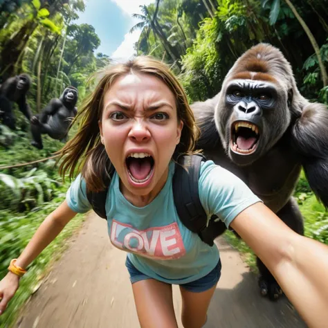 Selfie, fisheye lens, photorealistic girl traveller screaming and running. Love it: in the background, angry gorilla, jungle, visual perception, Megapixel, ProPhoto RGB, AR, ray tracing, global illumination, Blobby, noise reduction, GLSL shaders, post-processing, tone mapping