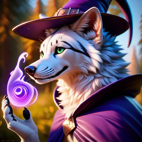 <lora:blp-v1e400>, score_9, score_8_up, score_7_up, score_6_up, rating_safe, source_furry, an anthro male wolf, (white fur:1.2), monotone fur, green eyes, purple wizard hat, purple wizard robe, magic user, detailed background, awesome_background, forest,