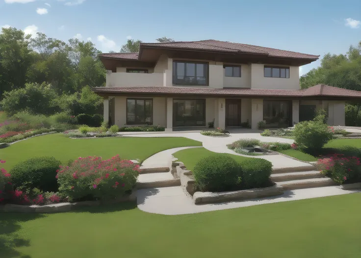 2 story modern home, front garden