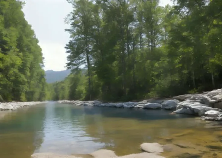 lake scene, forest foreground with hills in background