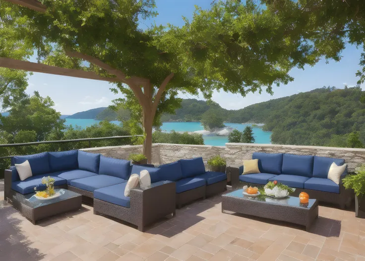 Outdoor seating area overlooking bay