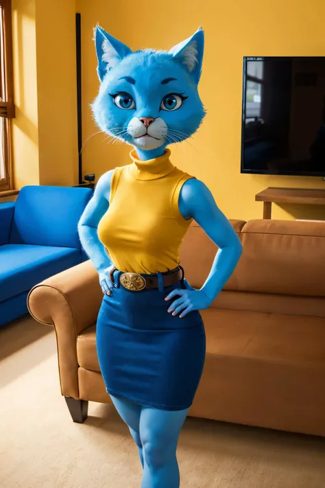 MarySenicourt, black eyes, furry female cat, cat ears, tail, blue skin, face mark, sleeveless turtleneck, yellow shirt, belt, blue skirt,looking at viewer, serious, standing,inside cozy living room, television, sofa, high quality, masterpiece, <lora:MarySenicourt:.5>