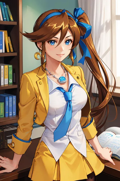 <lora:aa_athenacykes_v11-10:1> athena cykes, side ponytail, hair ribbon, yellow jacket, blue necktie, yellow skirt, pantyhose, jewelry, necklace, crescent earrings, brown hair, blue eyes
masterpiece, best quality, absurdres, office, bookshelf, upper body, confidant expression, smile
