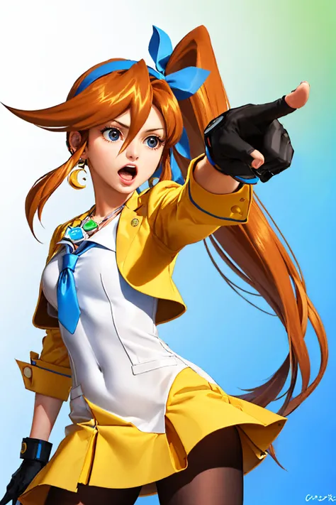 (masterpiece, best quality:1.2), solo, 1girl, athena cykes, objection, open mouth, looking at viewer, pointing, side ponytail, hair ribbon, yellow jacket, blue necktie, single glove, yellow skirt, pantyhose, jewelry, necklace, crescent earrings <lora:aa_athenacykes_v11:0.9> <lora:aa_dp:0.8>
